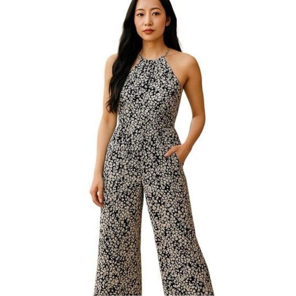 Paula Hermanny Silk Jumpsuit Sz Medium Silk Halter Spaghetti Straps Geometric